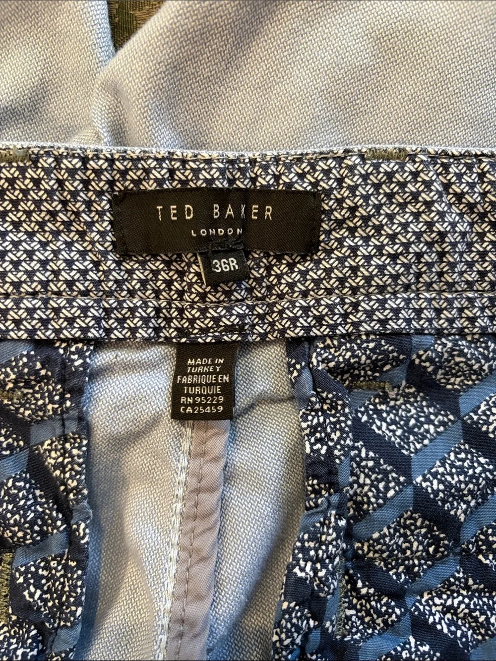 Ted Baker London Men’s Light Blue Flat-Front Chino Shorts, Abstract Lining